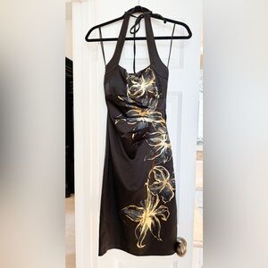 EUC Cache Satin Black Gold Foil Floral Halter Midi Dress Size 4